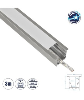 GLOBOSTAR® ALP-LINEAR RECESSA 61787-3M Χωνευτό Προφίλ Αλουμινίου με Λευκό Γαλακτερό Πατητό Κάλυμμα για Ταινίες LED IP20 - Γκρι Ανθρακί Ματ - Μ300 x Π3.5 x Υ4cm